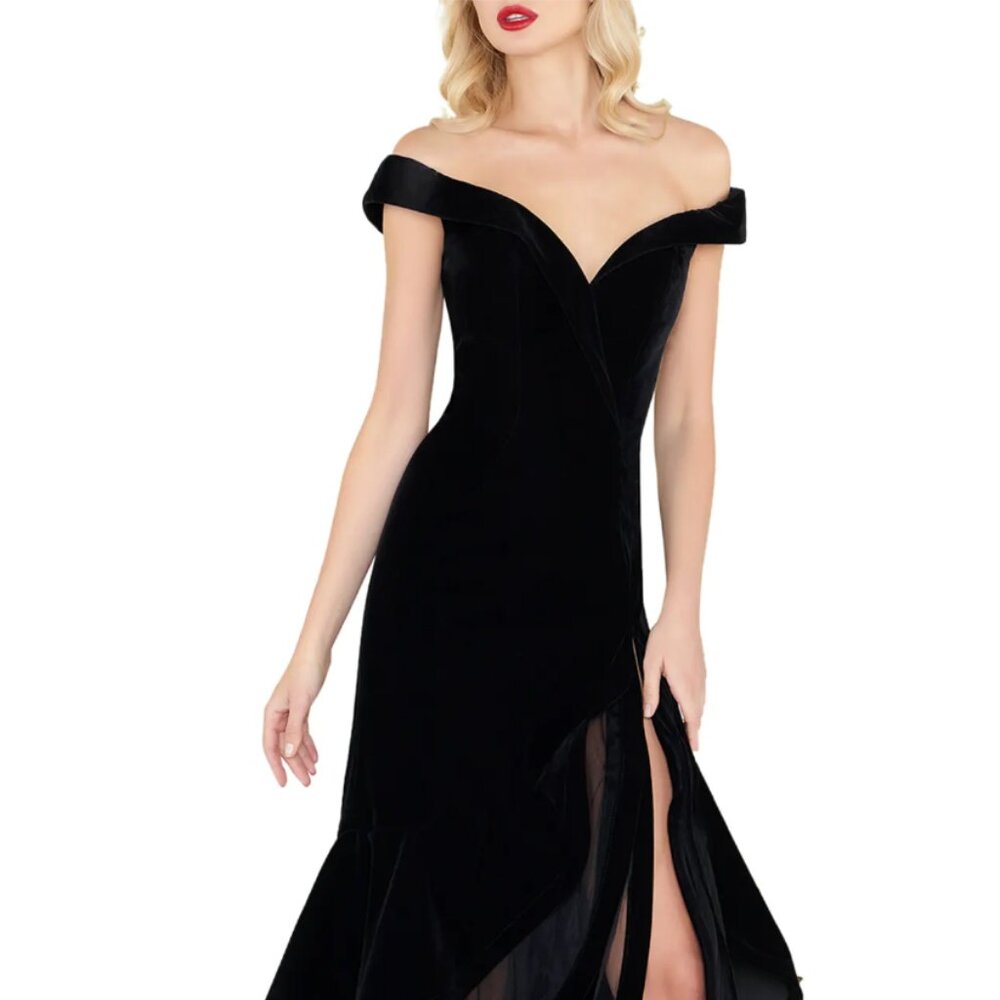 Mac Dugal Off-the-Shoulder Velvet Gown w/ Layered Ruffle Mesh Skirt
